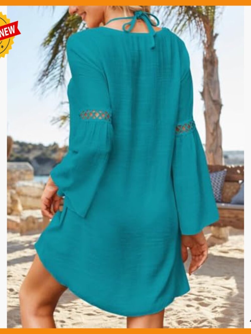 Women's Long Bell Sleeve Lace Coverup Loose Fit V Neck Swimwear - Picture 3 of 7
